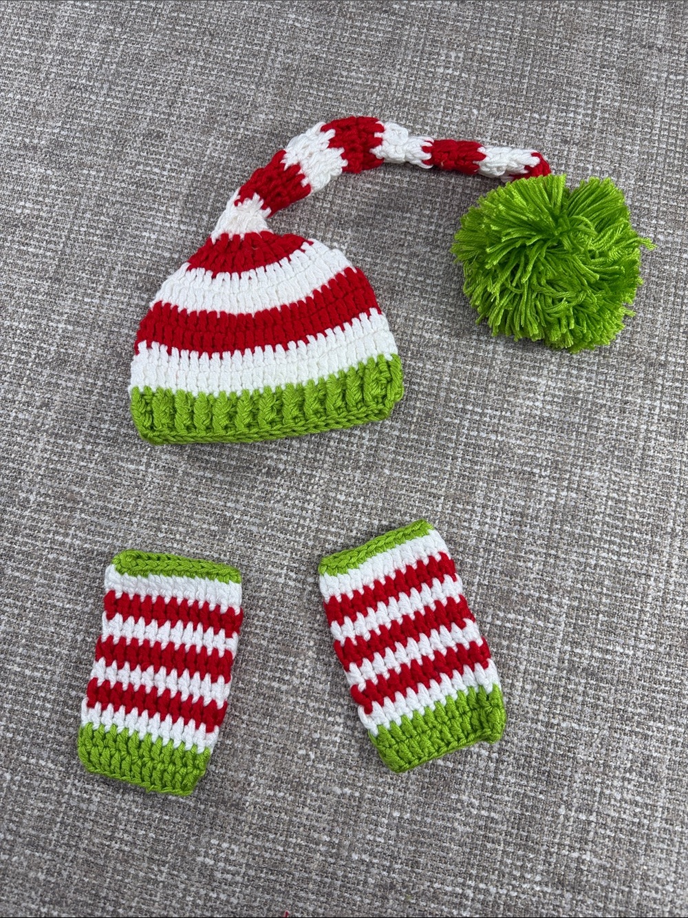 Striped Red White and Green Crochet Kids Hat & Leg Warmers Set newborn photo